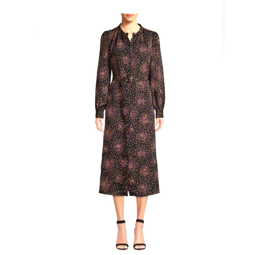 Kate Spade New York Disco Dots Midi Dress Black 4 Multicolor Belted Ruffled S